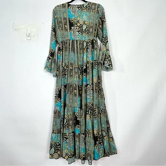 Magnolia Boutique Patchwork Scarf Print Tiered Ruffle Sleeve V Neck Dress Sz L - Picture 2 of 6